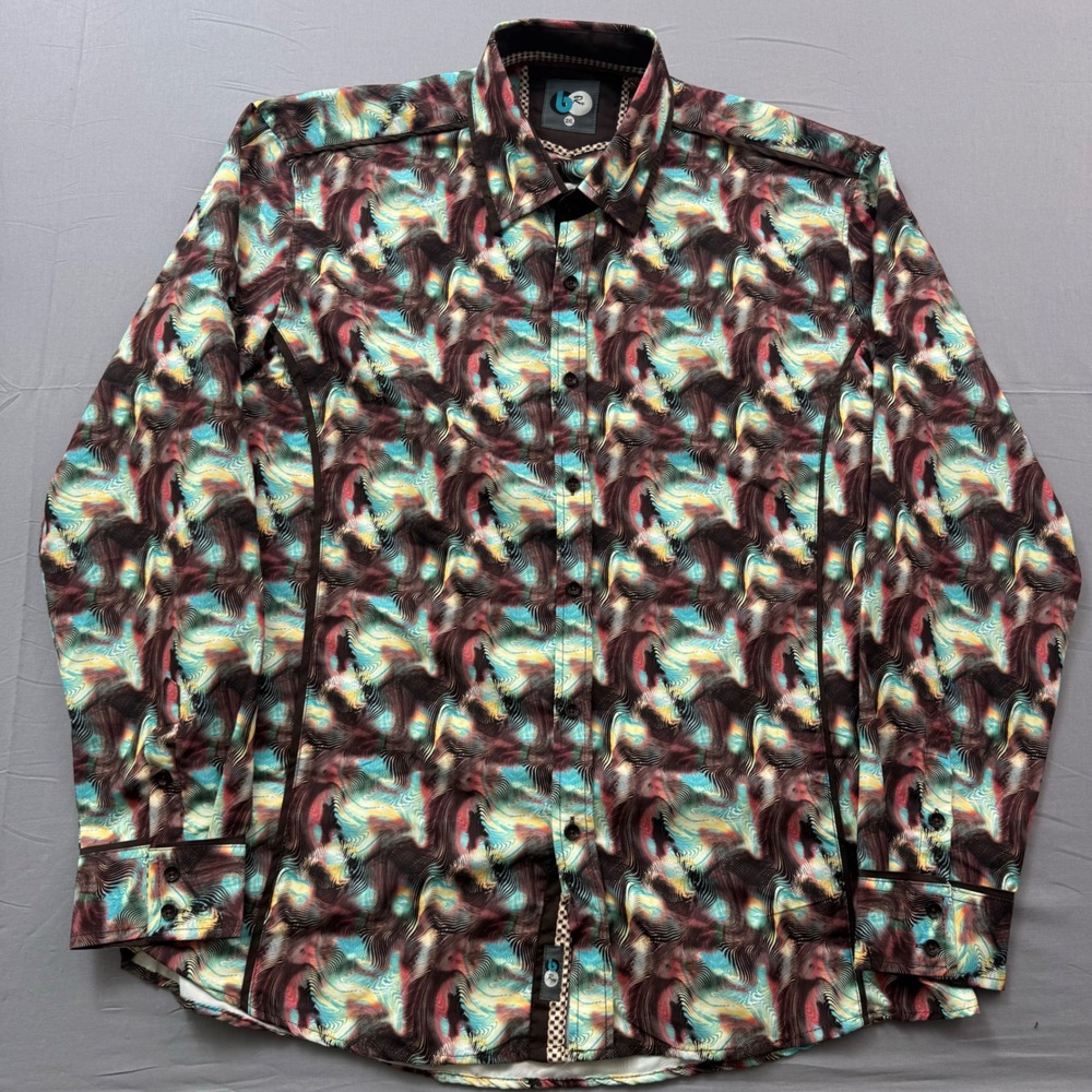 B Rey Mens 2XL Psychedelic Wavy Print Button Down Shirt Long Sleeve Brown Teal